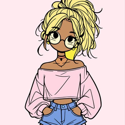 girl with a messy ponytail glasses a baggy crop top and jean shorts