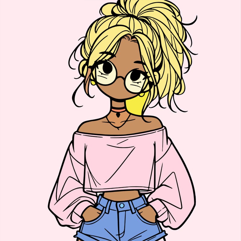 girl with a messy ponytail glasses a baggy crop top and jean shorts
