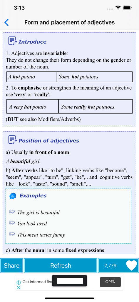 English Grammar in Use & Test - 形容詞の形と配置を説明する英語文法レッスン画面。