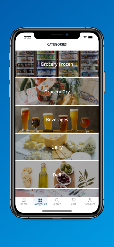Al Jazira - Al Jazira grocery app categories screen showing frozen food dry goods beverages dairy and deli sections