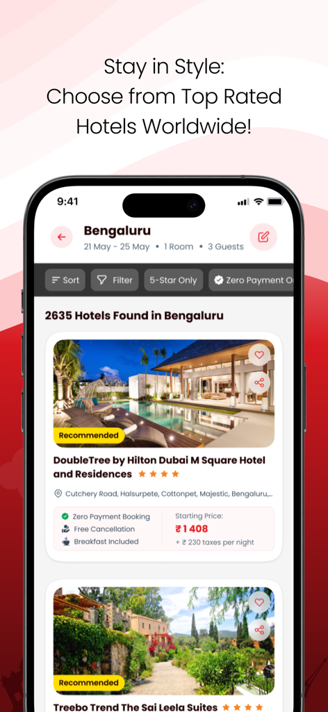 SOTC Holidays - SOTC Holidays app screen showing hotel search results for Bengaluru with prices and ratings