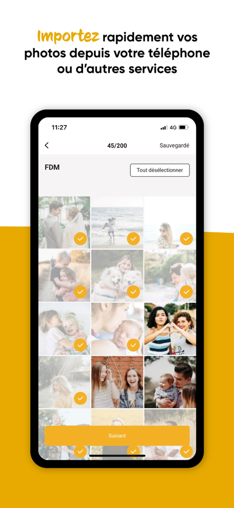 Interface de l'application Fnac Photo pour sélectionner et importer des photos depuis un téléphone mobile
