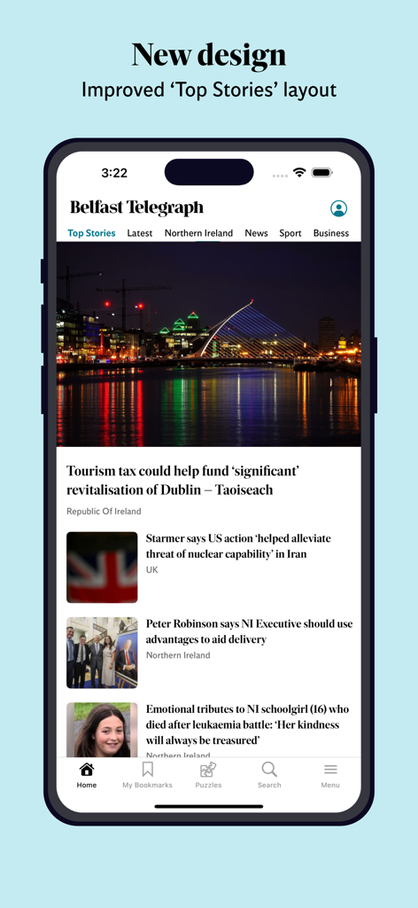 Belfast Telegraph News app showing the new top stories layout and news feed on an iPhone.