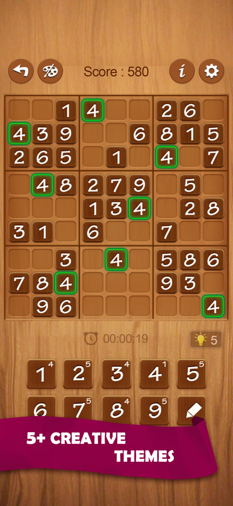 A Sudoku puzzle grid with a wooden theme showing the gameplay and creative theme options