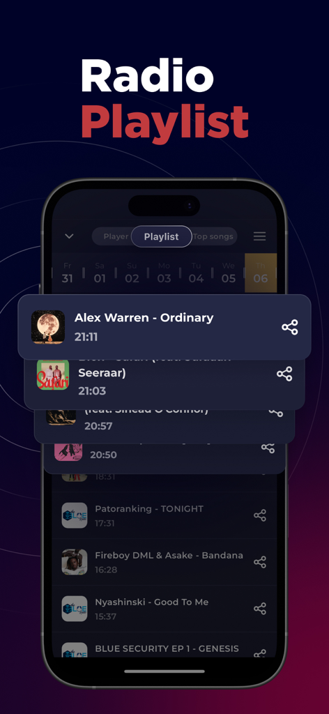 Radio Kenya FM AM Online Live - Interface do aplicativo Rádio Quênia mostrando uma lista de músicas tocadas recentemente com nomes de artistas e carimbos de data/hora.