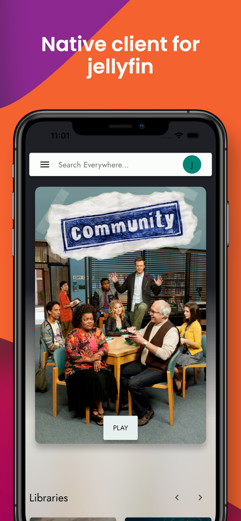 Phyn - Client for Jellyfin - Captura de pantalla de la aplicación Phyn que muestra la interfaz de la biblioteca multimedia de Jellyfin con una tarjeta de programa destacada y una barra de búsqueda en un smartphone