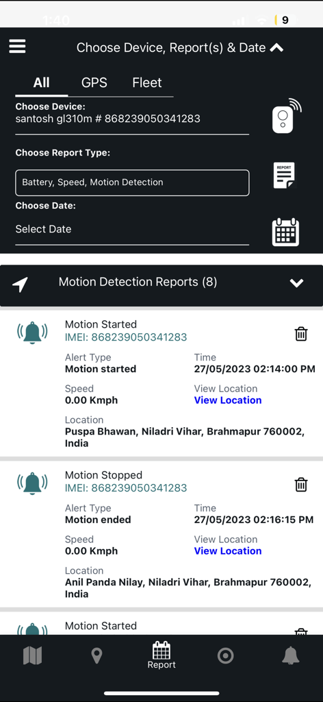 Amcrest GPS Pro app screen displaying detailed motion detection reports with timestamps and locations