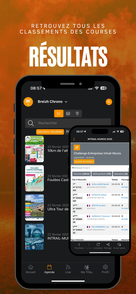 Interface de l'application Breizh Chrono affichant les classements en direct et les résultats de courses sportives sur les écrans mobiles.