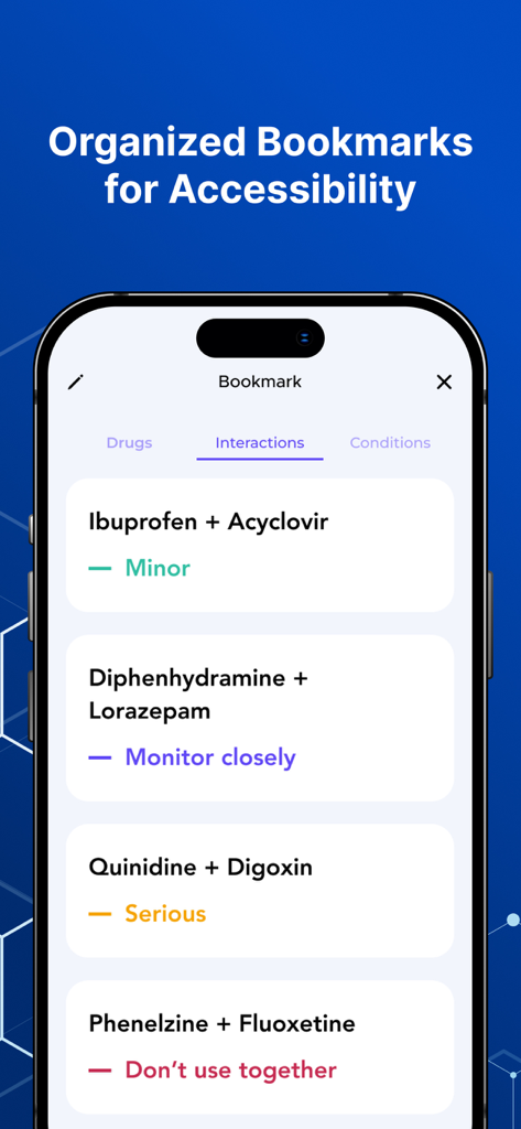 Medication List & Drug Guide - Una pantalla de teléfono inteligente que muestra marcadores organizados para interacciones de fármacos con niveles de seguridad y advertencias codificadas por colores.