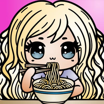 girl with long hair eating noodles