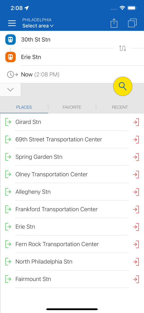 Pantalla de la aplicación CG Transit para buscar rutas de transporte público en Filadelfia