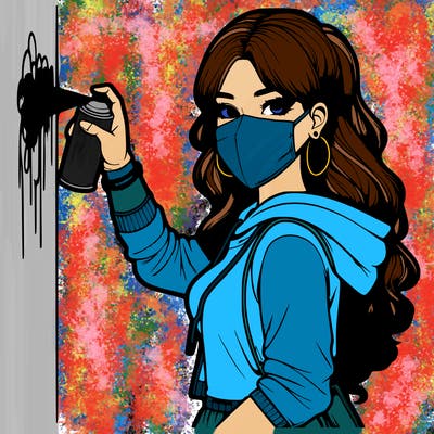 realistic girl with mask spray painting a wall