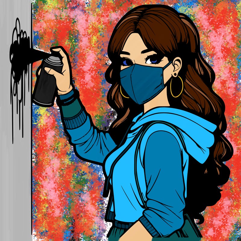 realistic girl with mask spray painting a wall
