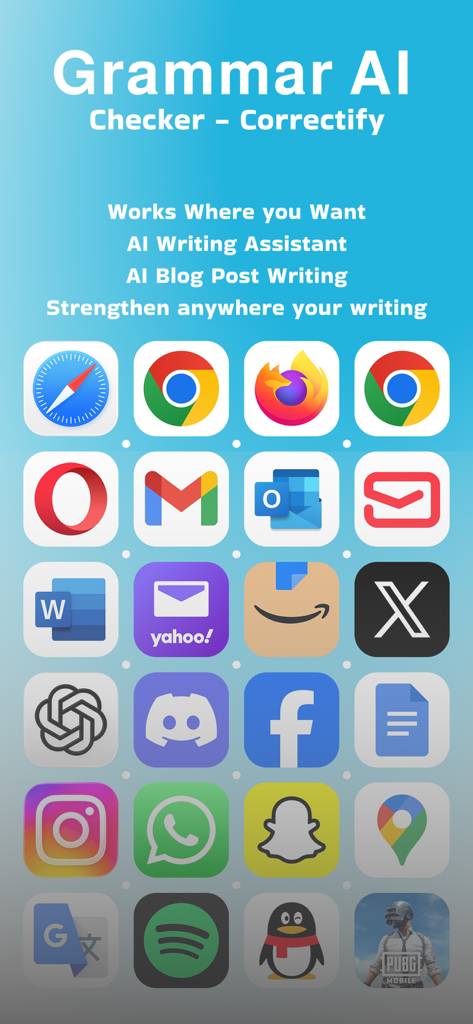 Grammar AI Checker-Correctify - Asistente de escritura IA compatible con aplicaciones populares de redes sociales y productividad