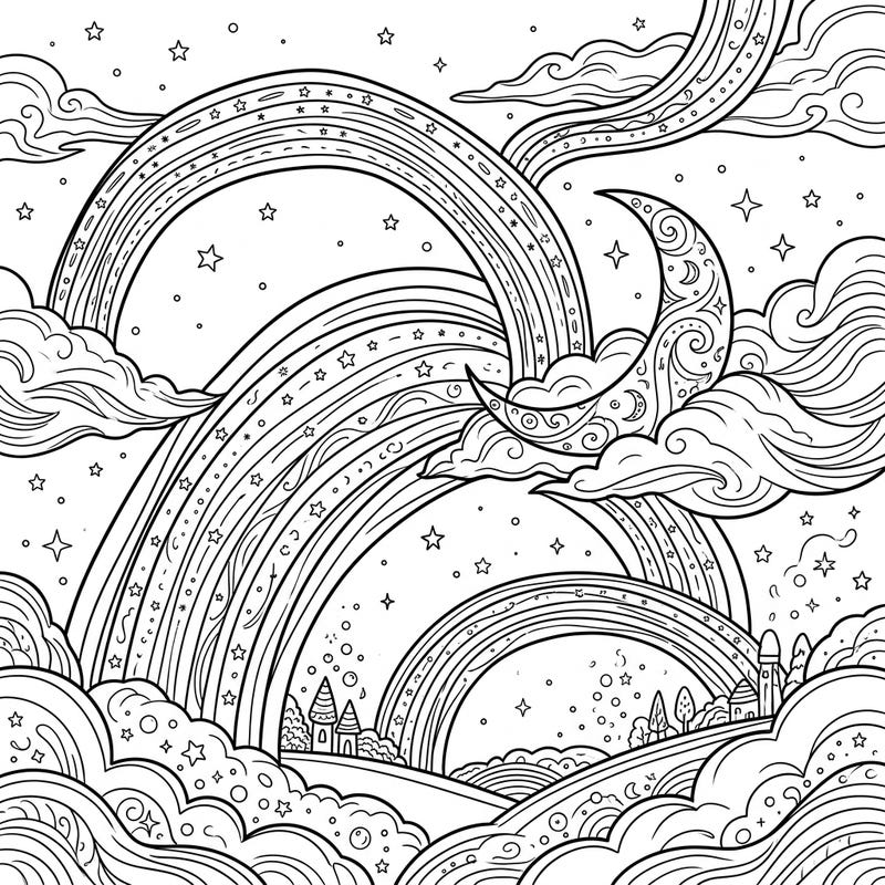 Discover the rare beauty of moonbows with this stunning celestial coloring page, inviting you to add vibrant hues to a serene night sky. Featuring delicate lunar rainbows, a mystical crescent moon, and twinkling stars, it promises a tranquil and imaginative coloring experience.