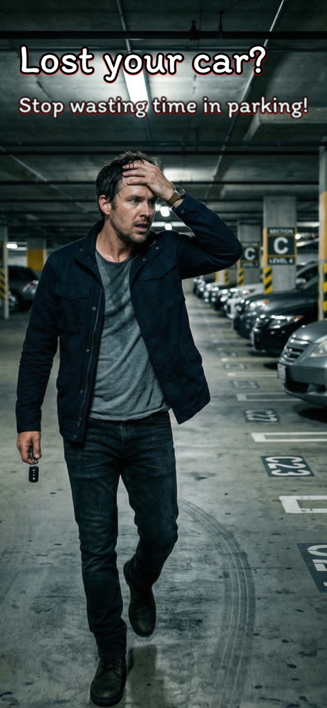 Where's My Car - GPS Tracker - Un hombre frustrado buscando su coche en un concurrido garaje de estacionamiento