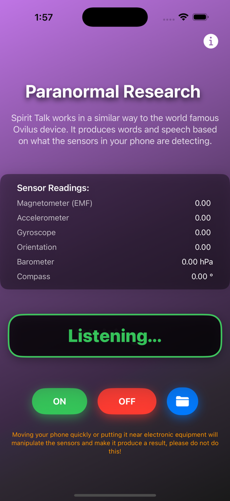 Paranormal investigation tools - ゴーストハンティングのためにEMFや気圧計などのライブセンサー測定値を示す心霊研究アプリのインターフェース
