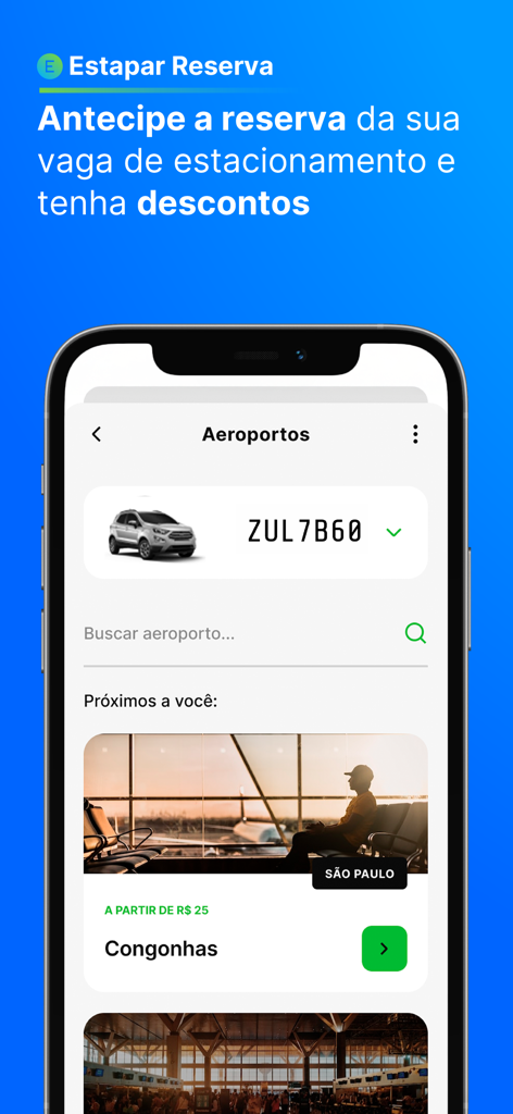 Mobile app screen for booking airport parking in advance with Zul plus