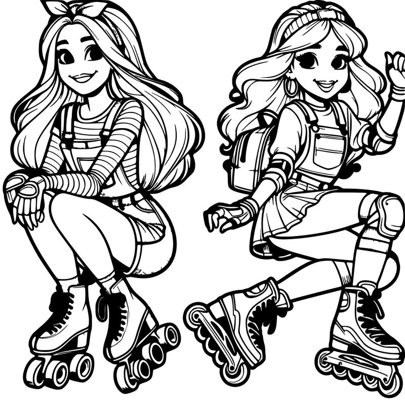 2 realistic teen girls one with roller skates and the other with rollerblades