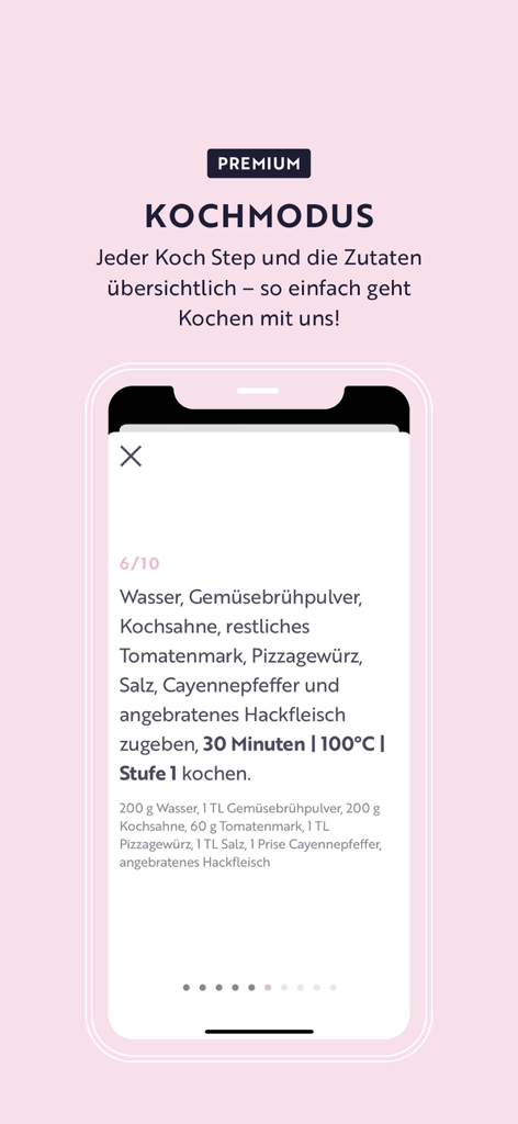 food with love: Rezepte - Screenshot of the premium cooking mode feature in the Food with Love recipe app showing step by step instructions