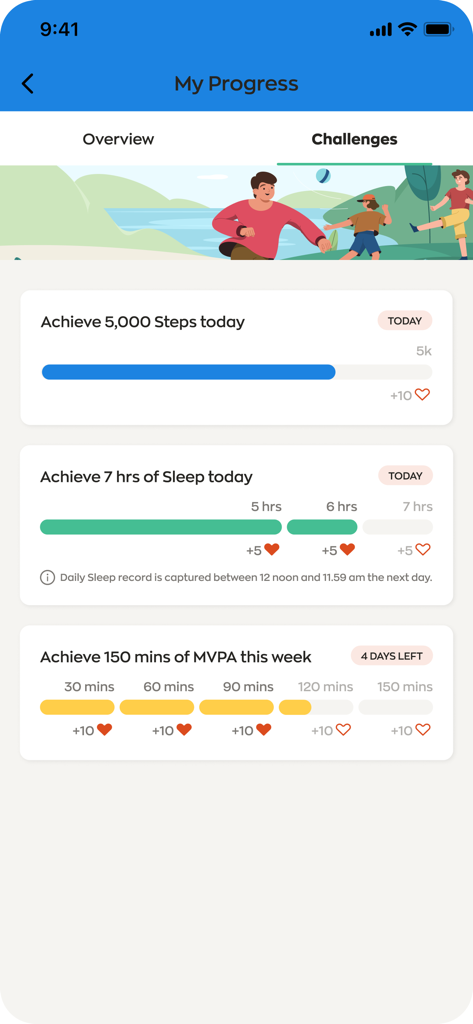 Healthy 365 - The My Progress screen of the Healthy 365 app showing daily steps sleep and weekly exercise challenges with rewards