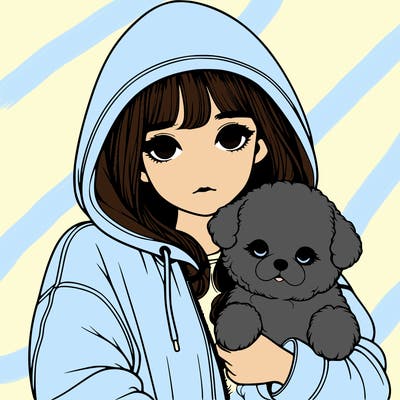 realistic girl with a hood up, holding cute fluffy dog