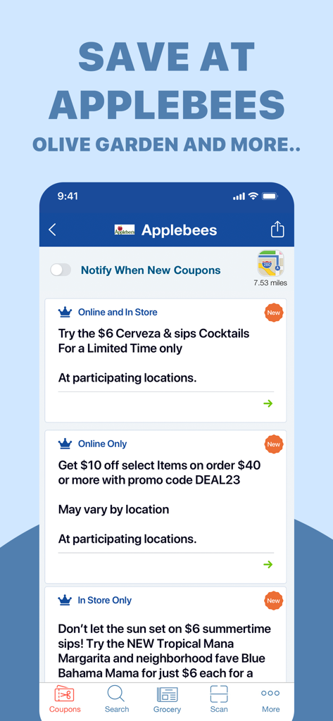 COUPON – Promo Codes, Deals - Interfaz de la aplicación móvil de BuyVia mostrando cupones y códigos promocionales para el restaurante Applebee's.