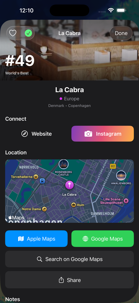 World's 100 Best Coffee Shops - Detail page of La Cabra coffee shop in Copenhagen featuring location map and social links