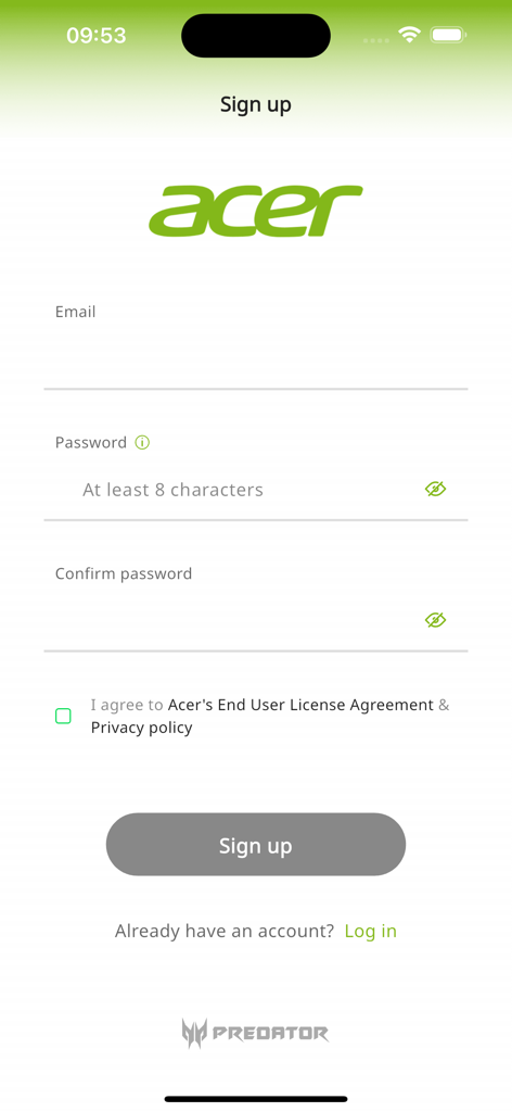 Acer Connect - Acer Connect app sign up screen with email and password fields