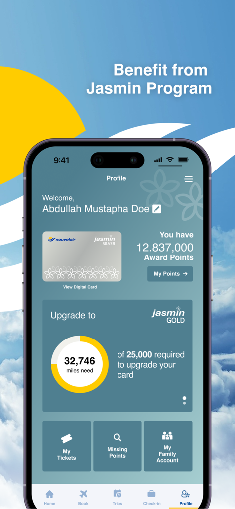 Écran de l'application Nouvelair affichant les points de récompense du profil utilisateur et le statut du programme de fidélité Jasmin.