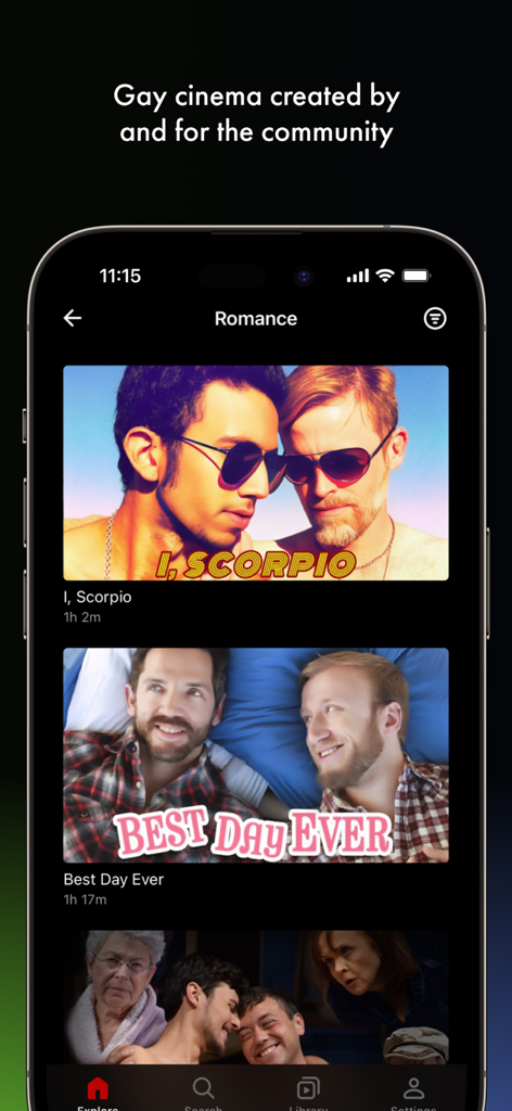 GayBingeTV - GayBingeTV mobile app showing a curated list of gay romance movies like I Scorpio and Best Day Ever