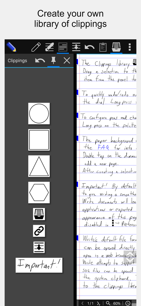 A screenshot of the Stylus Labs Write Pro app showing the clippings library sidebar with custom shapes and icons next to a handwritten document