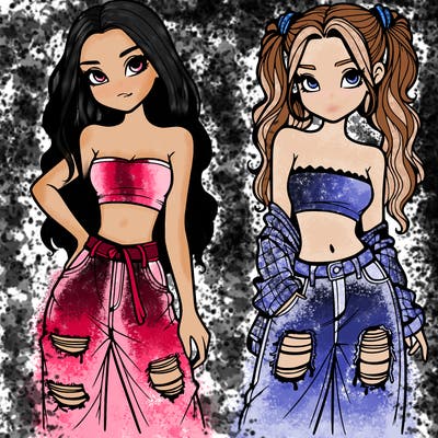 2 girls in crop tops and baggy jeans ripped