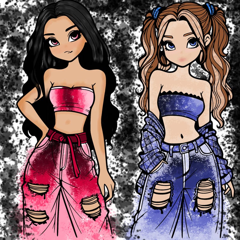 2 girls in crop tops and baggy jeans ripped