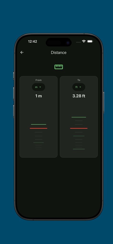 Measure Converter App - Measure Converter app screen showing distance conversion from one meter to three point twenty-eight feet with a minimalist dark interface