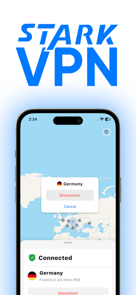 Stark VPN : Super Unlimited - Stark VPN mobile app interface showing a secure connection to a server in Germany