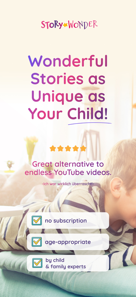 StoryWonderアプリの画面。専門家の支持を得て、子供向けのパーソナライズされたスクリーンフリーオーディオストーリーを宣伝しています
