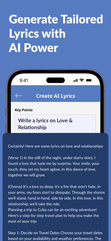 AI Lyrics Generator-Song Maker - 愛と人間関係についての生成された歌の歌詞を示すAI歌詞ジェネレーターアプリの画面