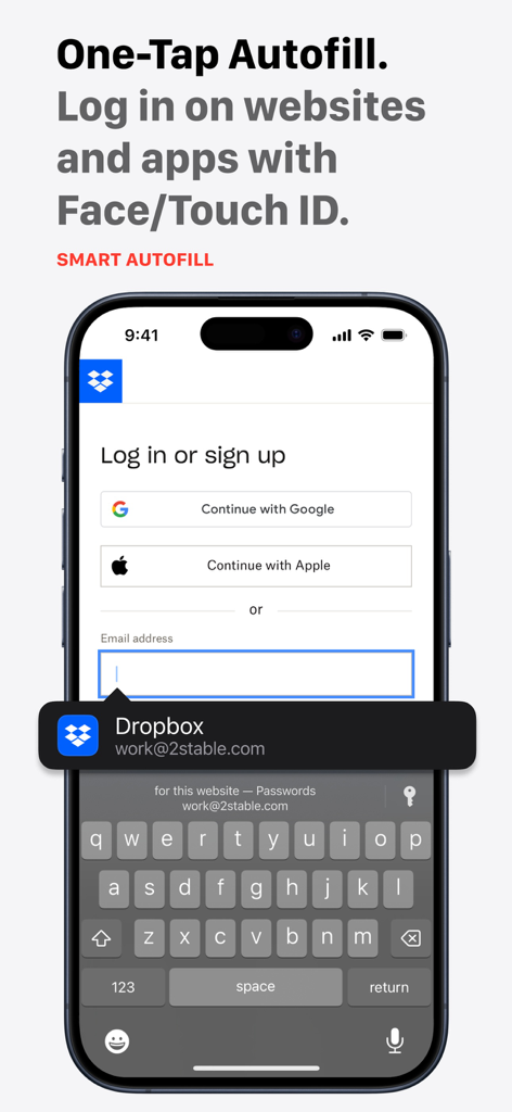 iPhone screen showing one tap autofill feature of Password Manager by 2Stable for a Dropbox login
