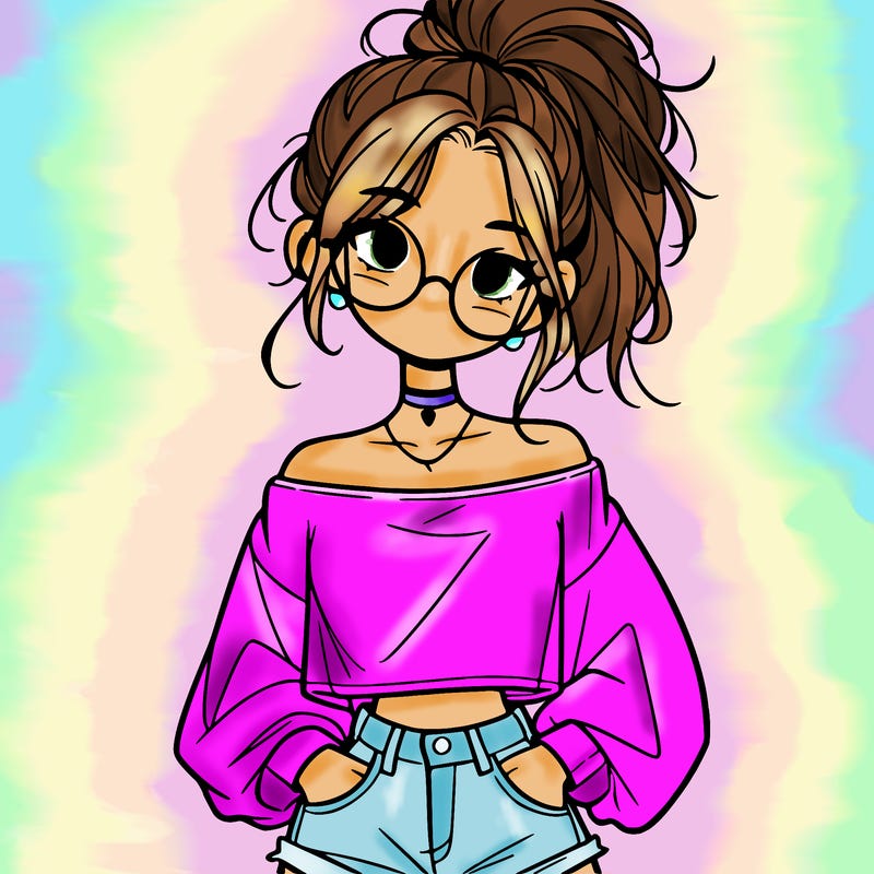 girl with a messy ponytail glasses a baggy crop top and jean shorts