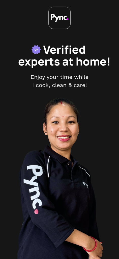 A smiling verified professional from the Pync app offering home services like cooking and cleaning