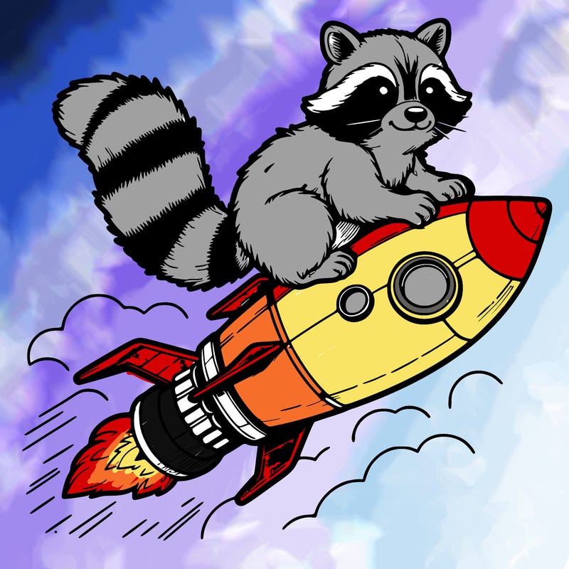 realistic raccoon flying on top rocket ship