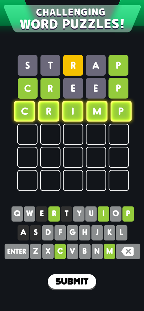Wordle mobile app interface showing a solved five letter word puzzle with green tiles
