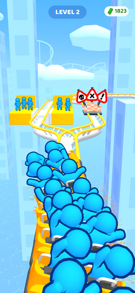 A roller coaster train full of blue passengers approaching a fork in the track with different rewards and obstacles in a city setting.