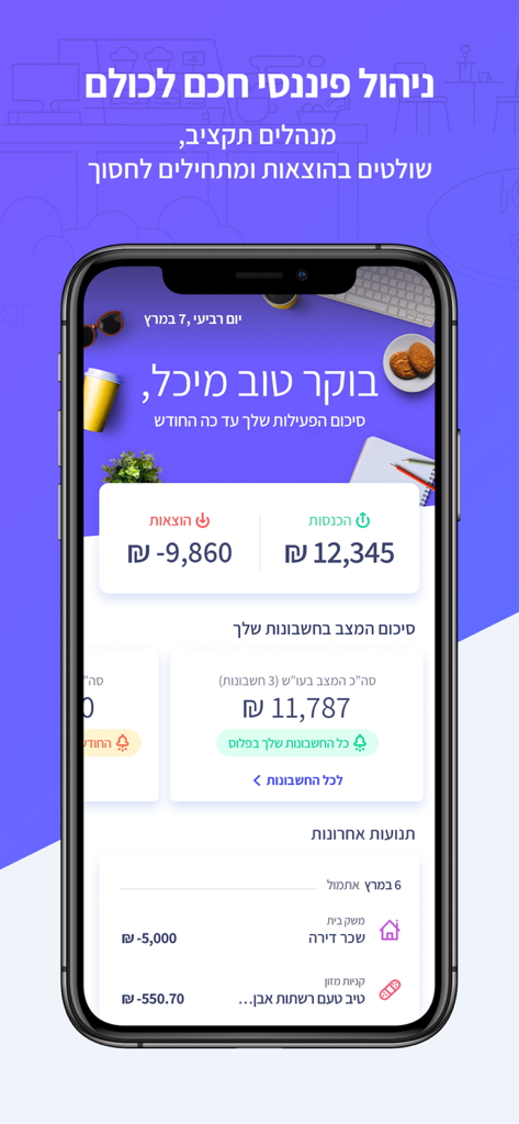 פשוט לשלוט בכסף - MyFinanda - MyFinanda mobile app showing personal financial overview with income and expenses in Hebrew