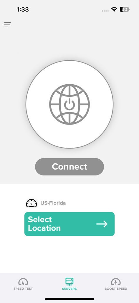 Tela do aplicativo VPN apresentando um grande ícone de globo e um botão de conexão