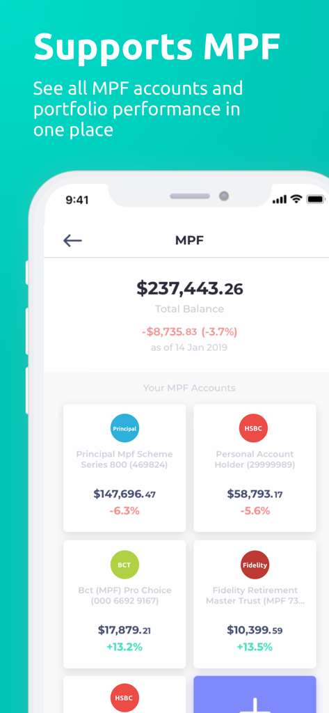 Planto - HK #1 Money Tracker - Tela do aplicativo Planto mostrando saldos de contas MPF e rastreamento de desempenho de portfólio