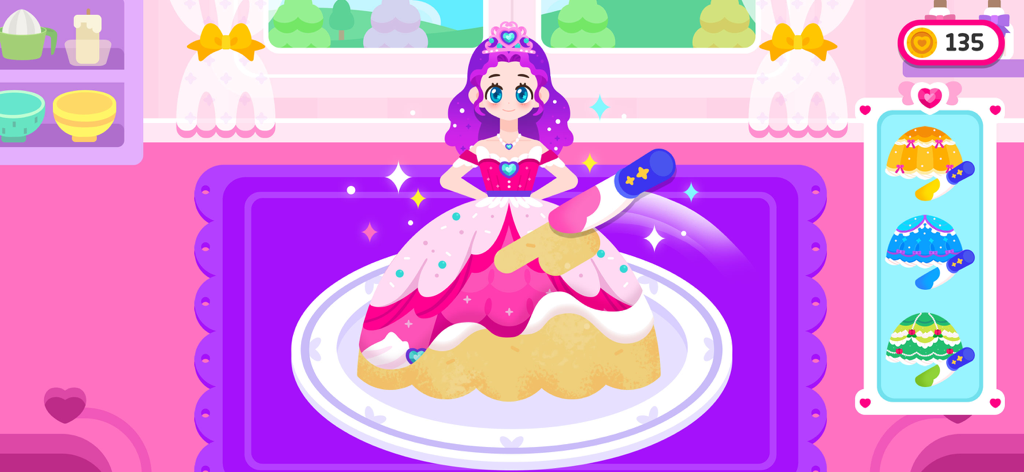 Cocobi Cake Maker - Un colorido pastel con forma de vestido de princesa siendo decorado con glaseado rosa en la aplicación Cocobi Cake Maker