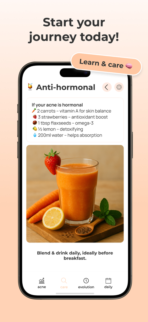 AcneTrack app screen showing an anti-hormonal smoothie recipe and nutrition tips for clearer skin