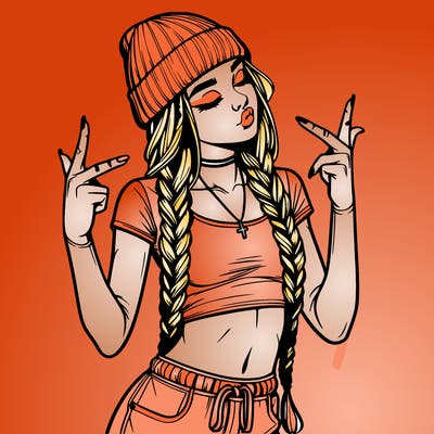 realistic teenage girl with braids and a beanie and crop top doing 🫶🏼